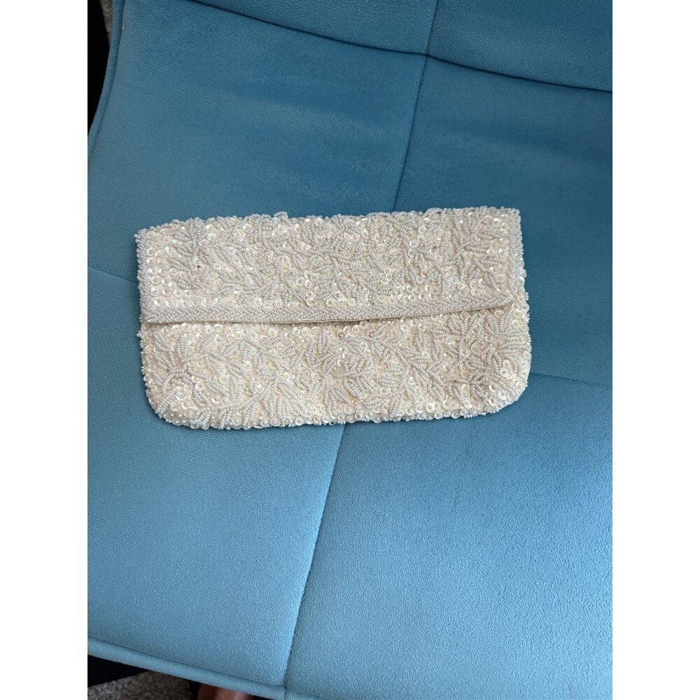 Vintage Beaded Clutch White Marshall Fields Made In Hong Kong Snap Closure